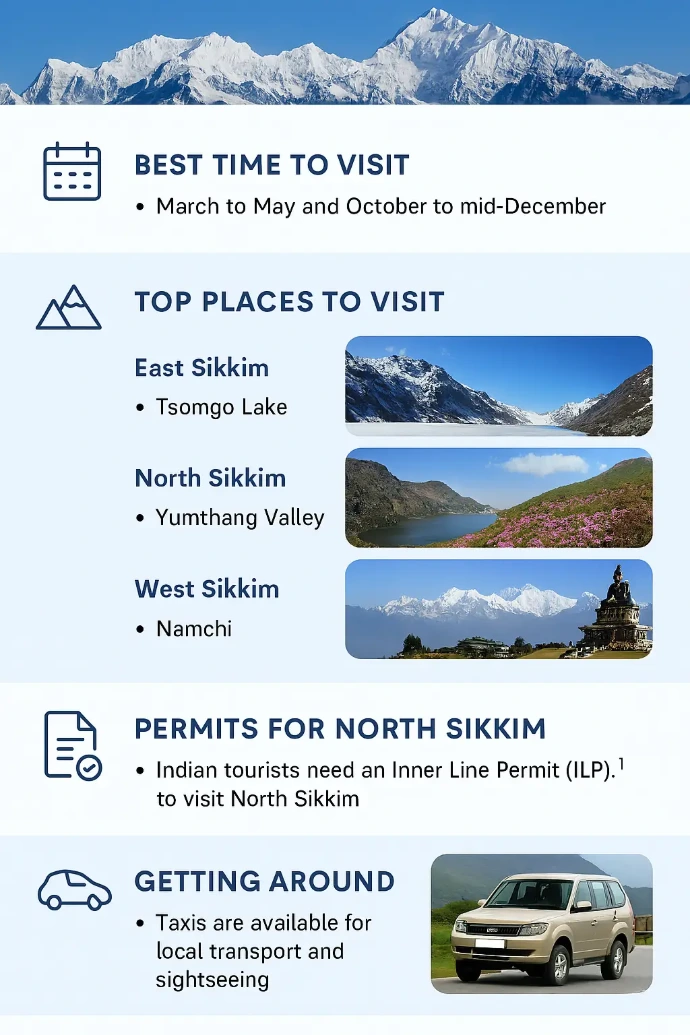 Infographic summarizing Sikkim travel guide with best time to visit, top destinations, permit requirements, transport tips, and suggested itineraries