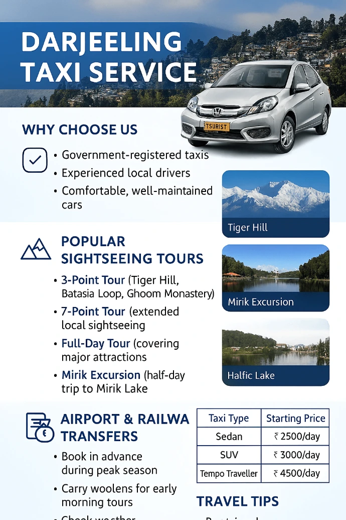 Infographic summarizing Darjeeling taxi service with sightseeing tours, airport transfers, rates, and travel tips from TourAdviser